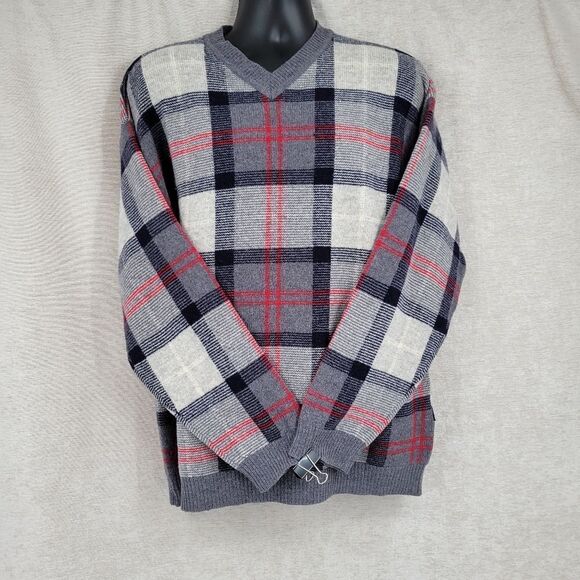 Nautica Vintage Wool V-Neck Navy Gray Red Windowpane Plaid Sweater Men's Large - Picture 4 of 11